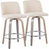 Toriano 26" Swivel Counter Stool in Light Grey Wood & Cream Noise Fabric & Chrome (Set of 2)